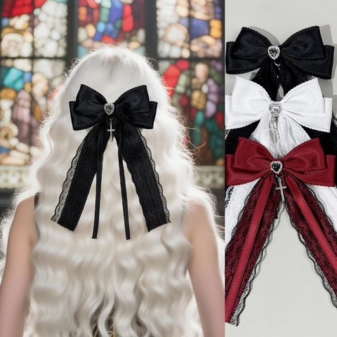 Fermaglio per Capelli Fiocco Gothic Lolita Con Bordo in Pizzo Strass a Cuore e Ciondolo a Croce Accessori per Capelli Donna