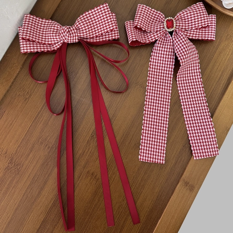 Vintage Hondentandstrik Haarklem Voor Dames Japanse Stijl Rood Wit Geblokte Strik Haardspeld Met Linten Edelstein Accessoire