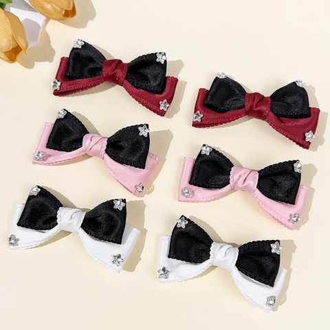 Pinza para el Cabello de Lazo de Cinta Estilo Dulce y Fresco Con Estrella Strass Satin Patchwork Accesorio de Moda para Mujer