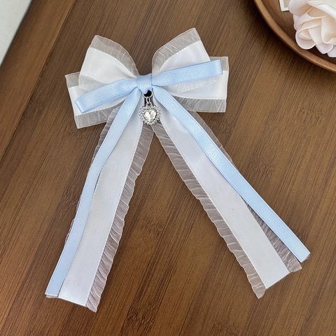 Clip de Cabello de Lazo de Cinta Balletcore Dulce para Mujeres Lazo Estético de Encaje Organza con Colgante de Corazón Strass