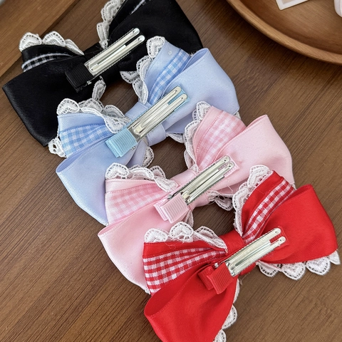 Sweet Lolita Ribbon Bow Hair Clip Heart Artificial Pearl Lace Plaid Duckbill Clip For Girls Women Fashion Hair Accessories