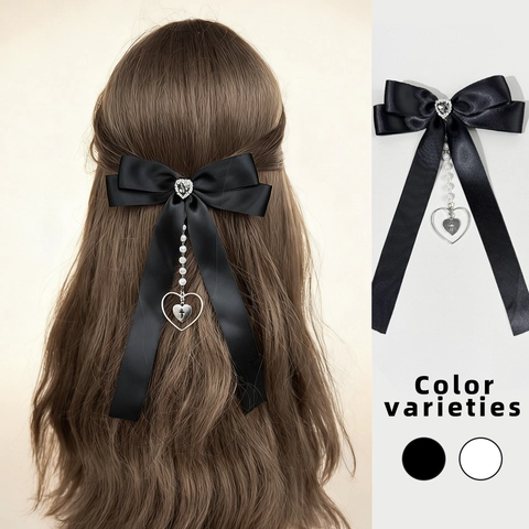 Fermaglio per Capelli Gotico Fiocco a Cuore con Strass Catena di Perle Artificiali Pendente a Croce Accessori per Capelli in Raso