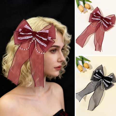 Barrette Nœud Vintage Lolita Grand Nœud en Velours et Maille avec Chaîne de Perles Gland Strass Coiffure Style Français pour Femmes