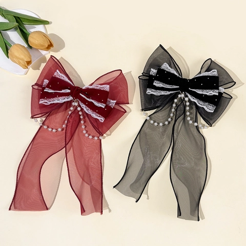 Barrette Nœud Vintage Lolita Grand Nœud en Velours et Maille avec Chaîne de Perles Gland Strass Coiffure Style Français pour Femmes