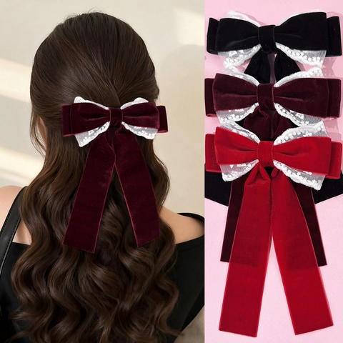 Französische Vintage Samt Spitze Schleife Haarklammer Elegante Lange Band Entenschnabel Clip Für Damen Alltag Haarschmuck