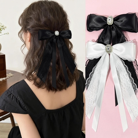 Süße Coole Spitze Strass Schleife Haarspange Für Damen Vintage Elegante Satinband Lange Quasten Krokodilklemme Haarschmuck