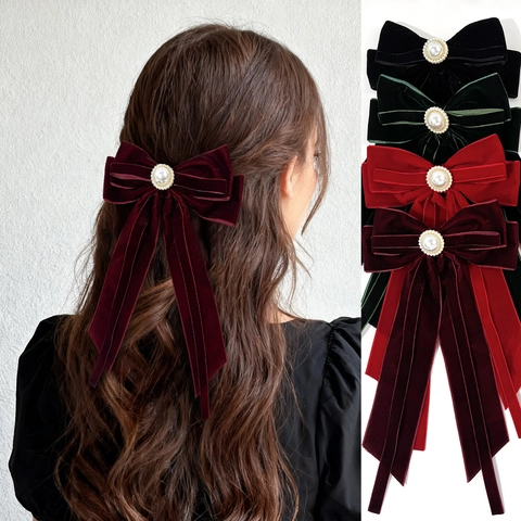 Vintage Velvet Bow Hair Clip For Women Elegant Large Velvet Ribbon Hairpin With Artificial Pearl Decor Retro Hair Accessories