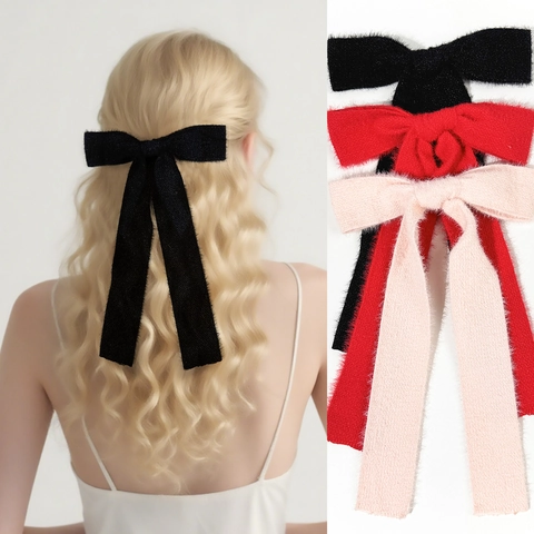 Pinza para el Cabello de Lazo de Cinta con Textura de Lana de Invierno para Mujer con Cintas Largas Lazo Hecho a Mano Dulce