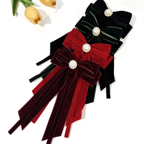 Vintage Velvet Bow Hair Clip For Women Elegant Large Velvet Ribbon Hairpin With Artificial Pearl Decor Retro Hair Accessories