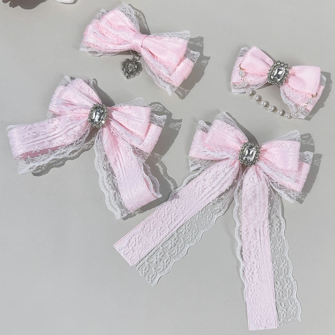 Lolita Rosa Satinband Schleifen Haarspange Für Damen Mit Weißen Spitzen Strass Künstliche Perle Herz Kreuz Anhänger Haarschmuck