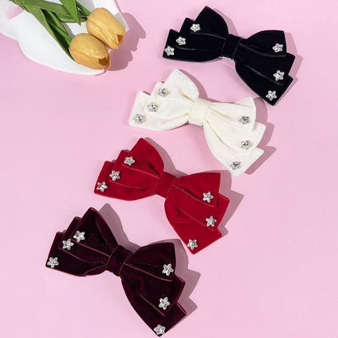 Fermaglio per Capelli con Fiocco in Velluto Stile Coreano per Donna Dolce Stella Strass Elegante Retrò Accessorio per Capelli