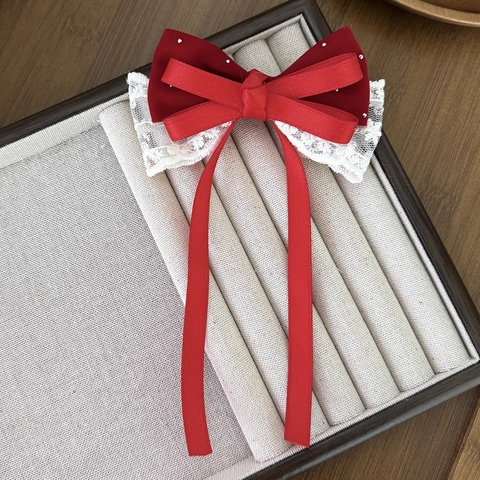 Pinza para el Pelo con Lazo de Terciopelo Rojo y Encaje Accesorio de Princesa para Año Nuevo Niñas Mujeres Estrás