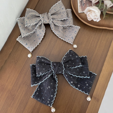 Fermaglio Per Capelli Con Fiocco In Tessuto Dolce Per Donna Stile Coreano Bordo In Pizzo Floreale Con Ciondolo In Perla Artificiale