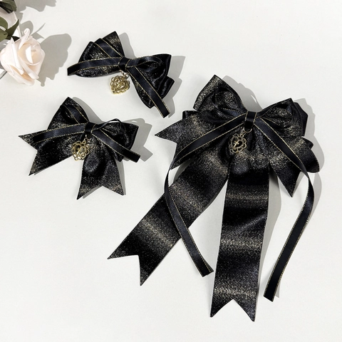 Gothic Schwarz Satin Schleife Haarspange Mit Gold Glitzer Herz Kreuz Anhänger Lolita Sweet Cool Stil Damen Haarschmuck