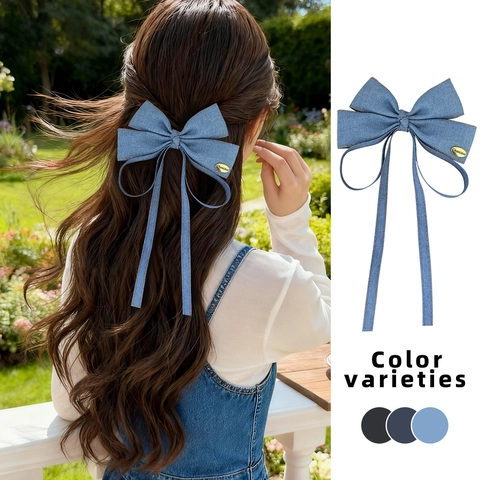 Clip de Pelo de Lazo de Denim de Moda Coreana Con Cintas Largas Clip de Pico de Pato de Tela Hecho a Mano Para Mujer