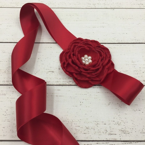 Elegant Satin Ribbon Belt With Handmade Fabric Flowers Imitation Artificial Pearls Wedding Dress Sash Kids Photography Accessory