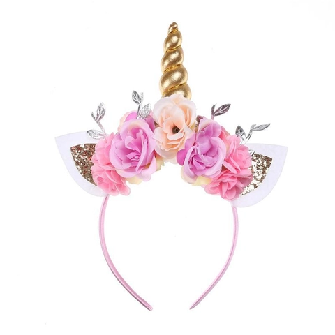 Cerchietto Unicorno con Fiori per Bambini Corno Dorato Orecchie di Paillettes Fascia per Capelli Halloween Festa di Compleanno