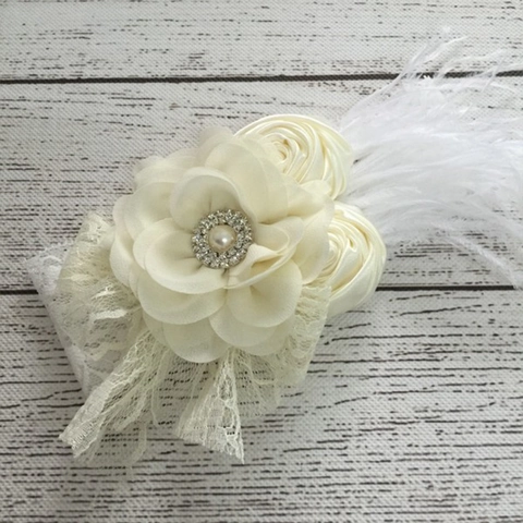 Handgefertigtes Chiffon Blumen Stirnband Für Mädchen Spitze Strass Künstliche Perle Feder Haarband Hochzeit Party Kinder