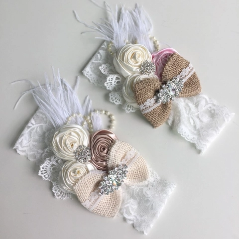 Fascia per Capelli in Pizzo per Neonata Fatta a Mano Con Fiocco a Forma di Fiore in Tessuto Strass Perla Artificiale Piuma per Matrimonio