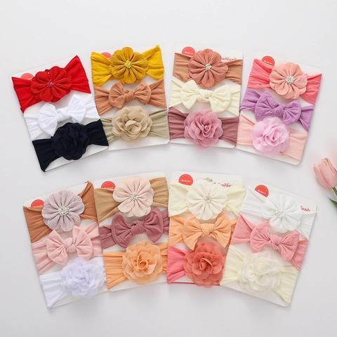 Juego de Diademas de Nailon para Bebé Flor de Chifón Lazo Banda Elástica Suave para el Cabello Tocado para Bebés y Niñas Accesorios para el Pelo