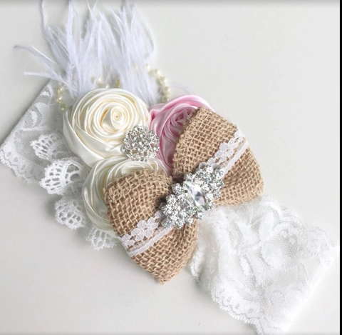 Fascia per Capelli in Pizzo per Neonata Fatta a Mano Con Fiocco a Forma di Fiore in Tessuto Strass Perla Artificiale Piuma per Matrimonio