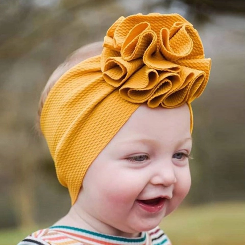 Diadema de Punto de Gofre para Niños Con Flor Grande Banda Elástica para el Cabello para Bebés Turbante de Color Sólido