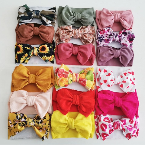 3Pcs Set Baby Girl Large Bow Headbands Elastic Waffle Knit Hair Bands Floral Print Solid Color Infant Hair Accessories