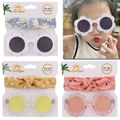 Flower Shaped Sunglasses And Bow Headband For Baby Girls Toddlers PC Polyester Infants Accessories Summer Outdoor Fashion