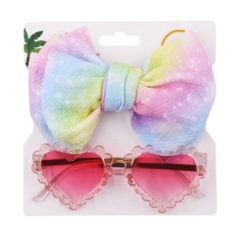 Kids Fashion PC Heart Shaped Sunglasses And Polyester Large Bowknot Headband Set Cartoon Tropical Print Beach Accessories