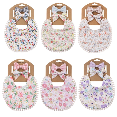 Bavaglino e Fascia per Capelli in Lino Cotone Combo Motivo Floreale Quadretti Bordo Pom Pom Stile Boho Accessori Neonati Bambini