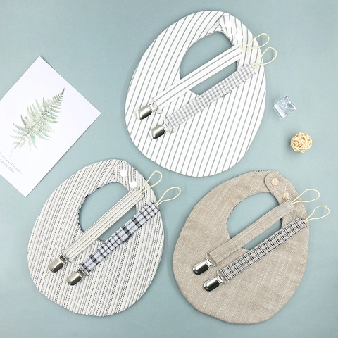 Reversible Cotton Baby Bib And Pacifier Clip Set Plaid Striped Drool Bibs With Metal Clips For Infants Newborns Toddlers
