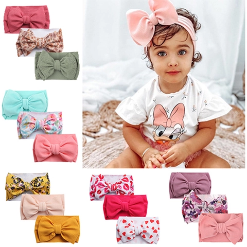 3Pcs Set Baby Girl Large Bow Headbands Elastic Waffle Knit Hair Bands Floral Print Solid Color Infant Hair Accessories