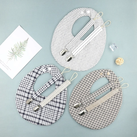 Reversible Cotton Baby Bib And Pacifier Clip Set Plaid Striped Drool Bibs With Metal Clips For Infants Newborns Toddlers