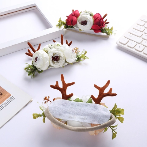 Weihnachten Rentier Geweih Blume Stirnband Für Baby Mädchen Elastische Nylon Haarband Kinder Xmas Fotografie Requisiten Kopfschmuck