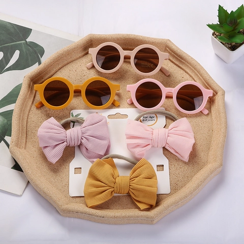 Plastic PC Frame Retro Round Sunglasses And Knit Fabric Bow Headband Combo UV400 Protection Infant Toddler Fashion Accessories Kit