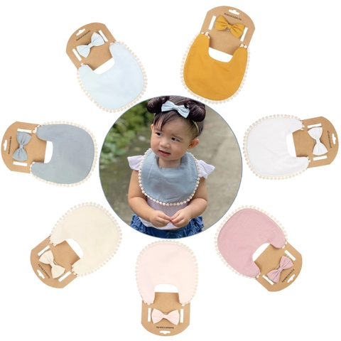 Boho Baby Bib And Headband Solid Color Bamboo Fiber Cotton Saliva Towel With Pom Pom Fringe Bowknot Gift For Infants