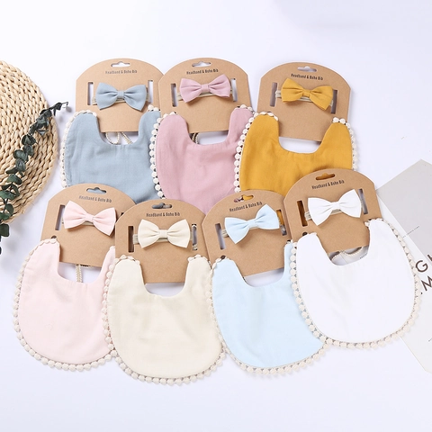 Boho Baby Bib And Headband Solid Color Bamboo Fiber Cotton Saliva Towel With Pom Pom Fringe Bowknot Gift For Infants