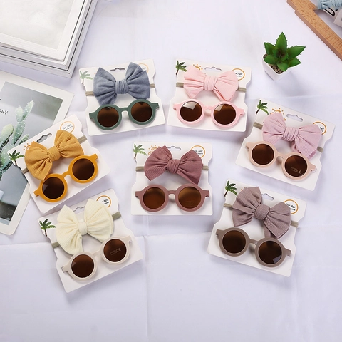 Plastic PC Frame Retro Round Sunglasses And Knit Fabric Bow Headband Combo UV400 Protection Infant Toddler Fashion Accessories Kit