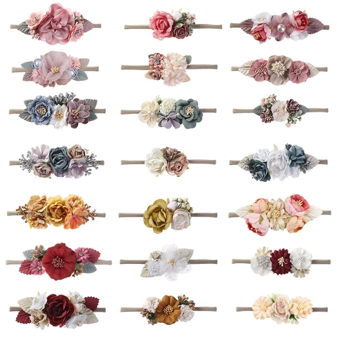 Handmade Fabric Flower Headbands Elastic Nylon Hairbands Soft Artificial Pearl Floral Headwear For Baby Toddler Girls Photography Props