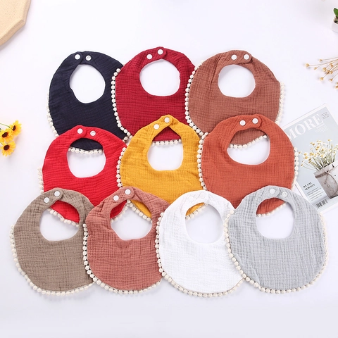Cotton Muslin Baby Bib Soft Absorbent Drool Towel With Pom Pom Trim Adjustable Snap Button For Infants Toddlers Feeding Burp Cloth