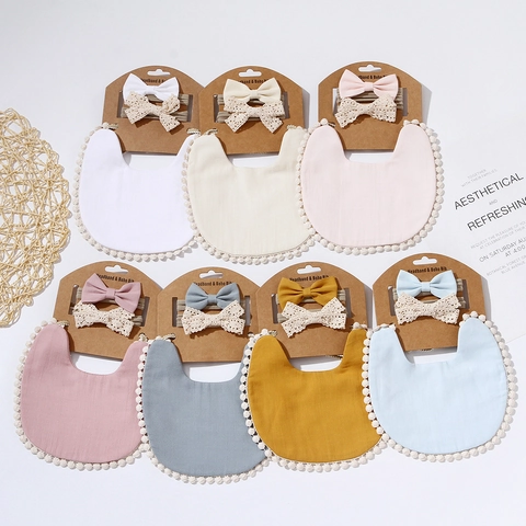 Soft Bamboo Fiber Cotton Baby Bib And Headband Set Solid Color Pom Pom Lace Boho Style Infant Saliva Towel For Newborn Toddler