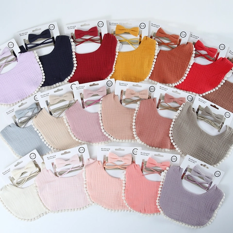 Baby Muslin Cotton Bib And Headband Set Pom Pom Trim Solid Color Waterproof Drool Bib For Infant Toddler 0-4 Years