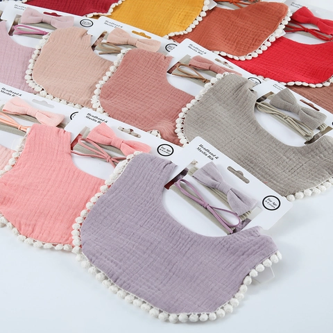 Baby Muslin Cotton Bib And Headband Set Pom Pom Trim Solid Color Waterproof Drool Bib For Infant Toddler 0-4 Years