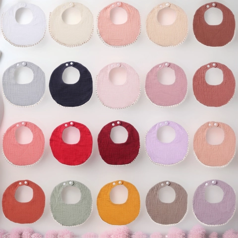 Cotton Muslin Baby Bib Soft Absorbent Drool Towel With Pom Pom Trim Adjustable Snap Button For Infants Toddlers Feeding Burp Cloth
