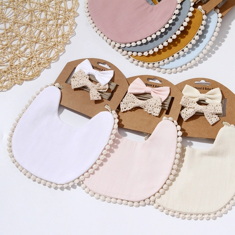 Soft Bamboo Fiber Cotton Baby Bib And Headband Set Solid Color Pom Pom Lace Boho Style Infant Saliva Towel For Newborn Toddler