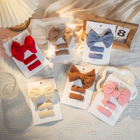 Handmade Faux Cashmere Kids Bow Headband And Hair Clips Set Solid Color Vintage Hair Accessories For Toddler Girls Gift
