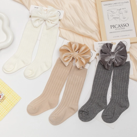 Set de Calcetines de Algodón Acanalado para Recién Nacido y Diadema con Lazo de Terciopelo Calcetines de Color Sólido