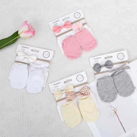Baby Girl Cotton Headband And Socks With Bow Design Non-Slip Knit Socks Elastic Headbands Newborn Infant Headwear Footwear