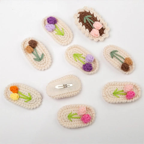 Handmade Knitted Tulip Flower Hair Clips For Girls Sweet Pastoral Style Wool Crochet BB Clips Cherry Hairpin Accessories