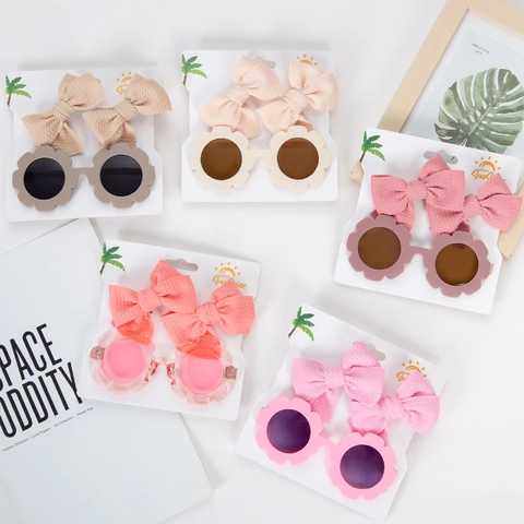 Girls Flower Sunglasses And Bow Hair Clips Children Accessory Toddler UV Protection Outdoor Decorative Floral Headwear